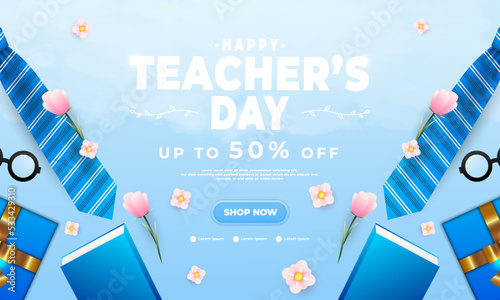 blue teacher's day greeting vector illustration with cloud, ribbon, balloon and book elements