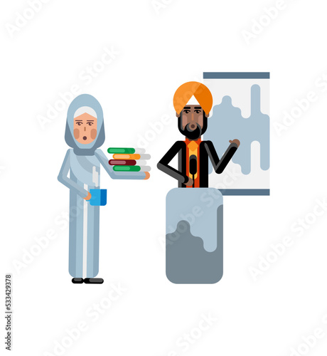 Indian speaker on tribune doing business presentation and arabic secretary with documents and coffee cup near here. Corporate multicultural business people isolated vector illustration.