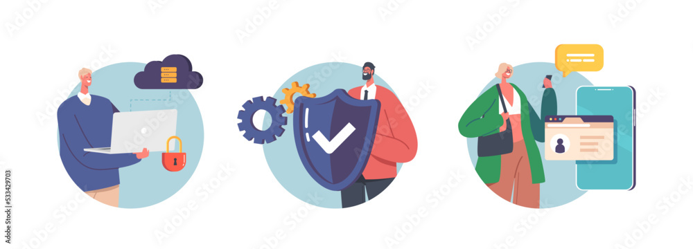 Fototapeta premium Internet Security, Profile or Account Data Protection, Privacy Isolated Icons or Avatars. Characters with Laptop, Phone