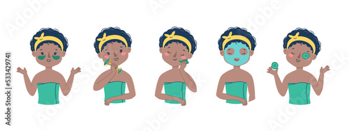 Girl skin care face. Gua sha massage. Using a sheet mask and a cucumber mask. Vector set. Cute african woman illustration isolated on white background