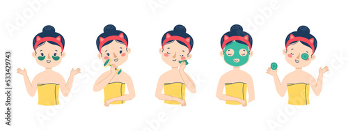 Girl skin care face. Gua sha massage. Using a sheet mask and a cucumber mask. Vector set. Cute woman illustration isolated on white background