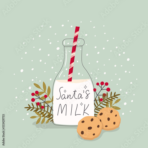 Treat for Santa Claus. Milk in bottle with straw and chocolate cookies. Decoration of twigs, leaves and berries. Hand drawn 