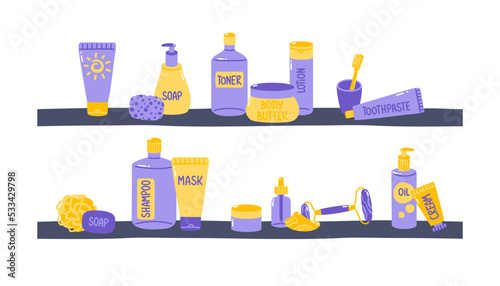 Vector set of bottles and tubes with cosmetics and skin care products on the shelf. Isolated on white background