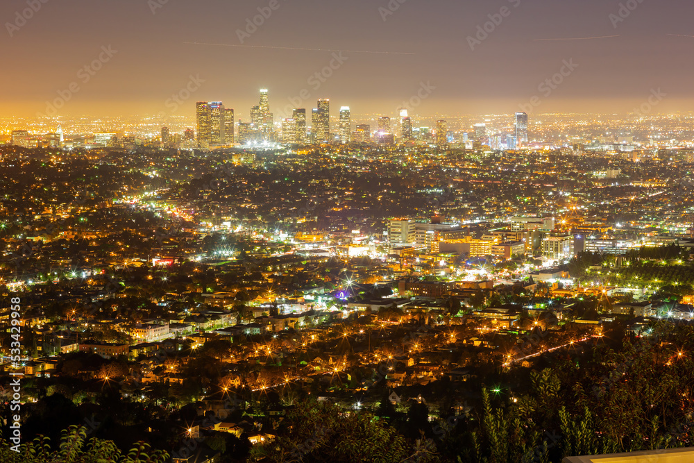 Night high angle view of the Los Angeles downtown