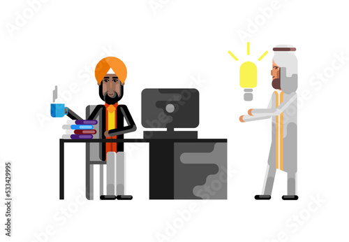 Business meeting indian manager with arabic businessman holding idea light bulb. Corporate multicultural business people isolated vector illustration.