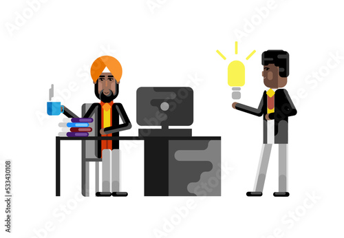 Business meeting indian manager with african businessman holding idea light bulb. Corporate multicultural business people isolated vector illustration.