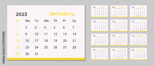 Monthly calendar template for 2023 year. Planner diary in a minimalist style.2023 calendar in minimal table and Yellow color event planner, Corporate and business calendar. Week Starts Sunday