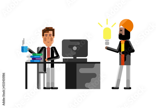 Business meeting european manager with indian businessman holding idea light bulb. Corporate multicultural business people isolated vector illustration.