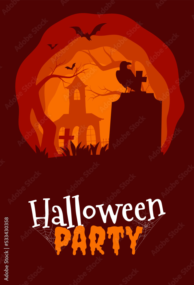 Happy Halloween. Banner with scary silhouettes of trees, graves and abandoned buildings. Halloween background. Vector illustration