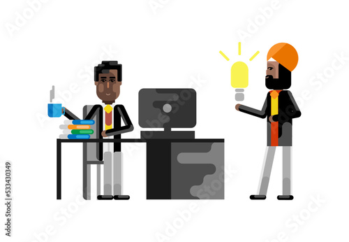Business meeting african manager with indian businessman holding idea light bulb. Corporate multicultural business people isolated vector illustration.