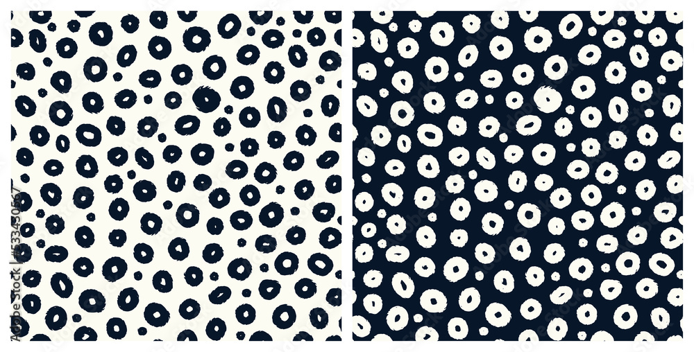 Set of abstract circles in black and white seamless repeat pattern. Bundle of random placed, monochrome vector dot all over surface print.