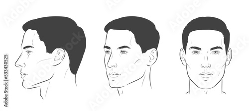 vector Set of man face portrait three different angles and turns of a male head. Close-up line sketch. Different view front, profile, three-quarter of a boy.