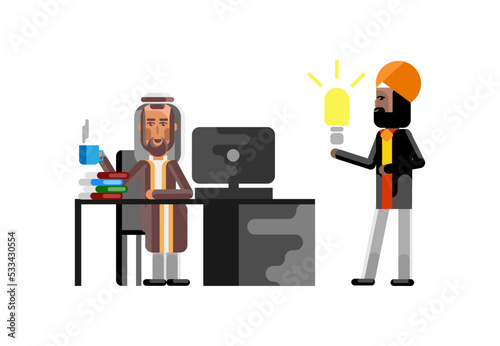 Business meeting arabic manager with indian businessman holding idea light bulb. Corporate multicultural business people isolated vector illustration.