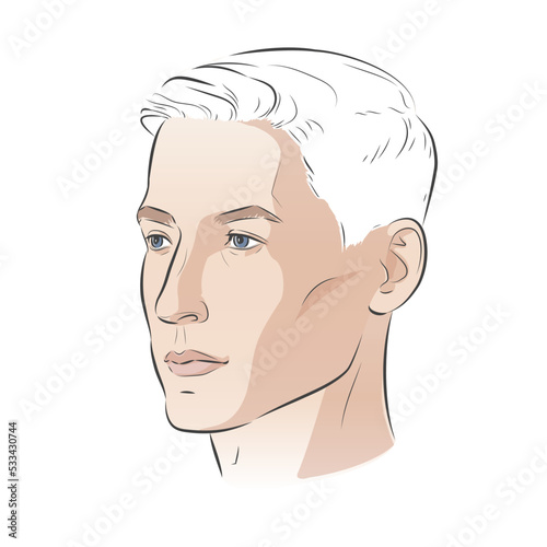 Man face portrait three different angles and turns of a male head. Close-up vector line sketch illustration. Different view front, profile, three-quarter of a boy.