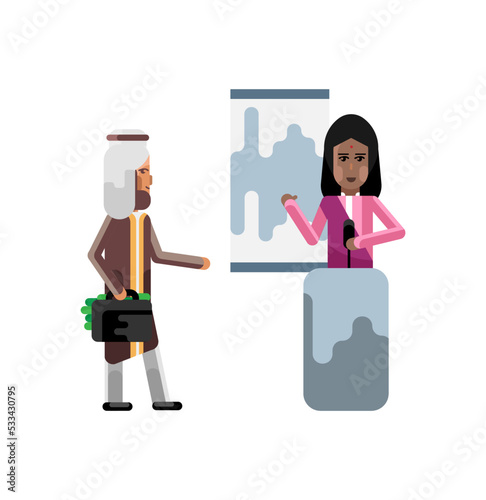 Indian woman on tribune doing business presentation and arabic investor holding money suitcase. Corporate multicultural business people isolated vector illustration.