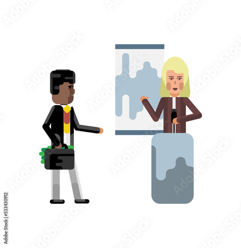 Blonde woman on tribune doing business presentation and african investor holding money suitcase. Corporate multicultural business people isolated vector illustration.