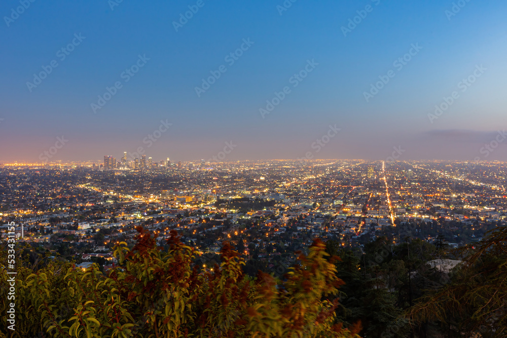 Fototapeta premium Night high angle view of the Los Angeles downtown