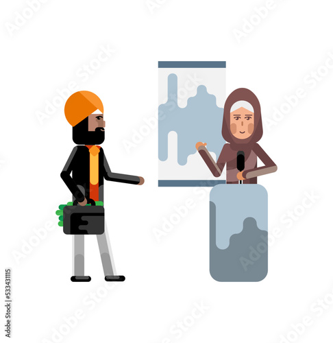 Arabic woman on tribune doing business presentation and indian investor holding money suitcase. Corporate multicultural business people isolated vector illustration.