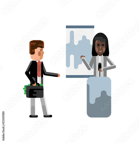 African woman on tribune doing business presentation and european investor holding money suitcase. Corporate multicultural business people isolated vector illustration.