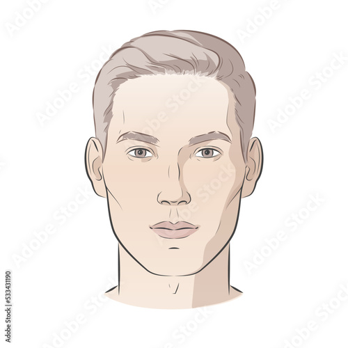 Man face portrait three different angles and turns of a male head. Close-up vector line sketch illustration. Different view front, profile, three-quarter of a boy.