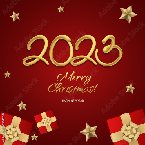 Happy new year 2023 greeting vector templates. Merry Christmas design greeting text with colorful christmas decor elements such as a gift, stars on a red background with luxury gold.
