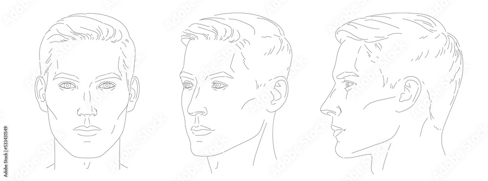 vector Set of man face portrait three different angles and turns of a male head. Close-up line sketch. Different view front, profile, three-quarter of a boy. vector Set of man face portrait three different angles and turns of a male head. Close-up line sketch. Different view front, profile, three-quarter of a boy.