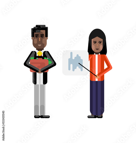 Indian businesswoman showing financial diagram and african investor holding money suitcase. Corporate multicultural business people isolated vector illustration.