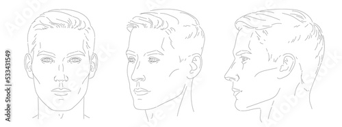 vector Set of man face portrait three different angles and turns of a male head. Close-up line sketch. Different view front, profile, three-quarter of a boy.