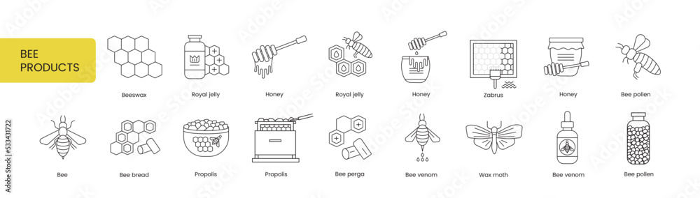 The set of icons of Beekeeping products includes wax moth and bee venom, perga, propolis and bee bread, pollen and zabrus, honey and royal jelly, beeswax, vector illustration of the line. - obrazy, fototapety, plakaty 