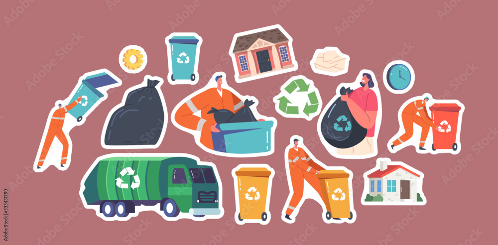 Set of Stickers Scavengers in Uniform Collect Litter to Truck, Woman with Garbage Sack, Recycling Bins, House, Rubbish