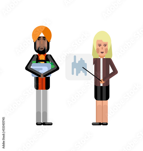 Blonde businesswoman showing financial diagram and indian investor holding money suitcase. Corporate multicultural business people isolated vector illustration.