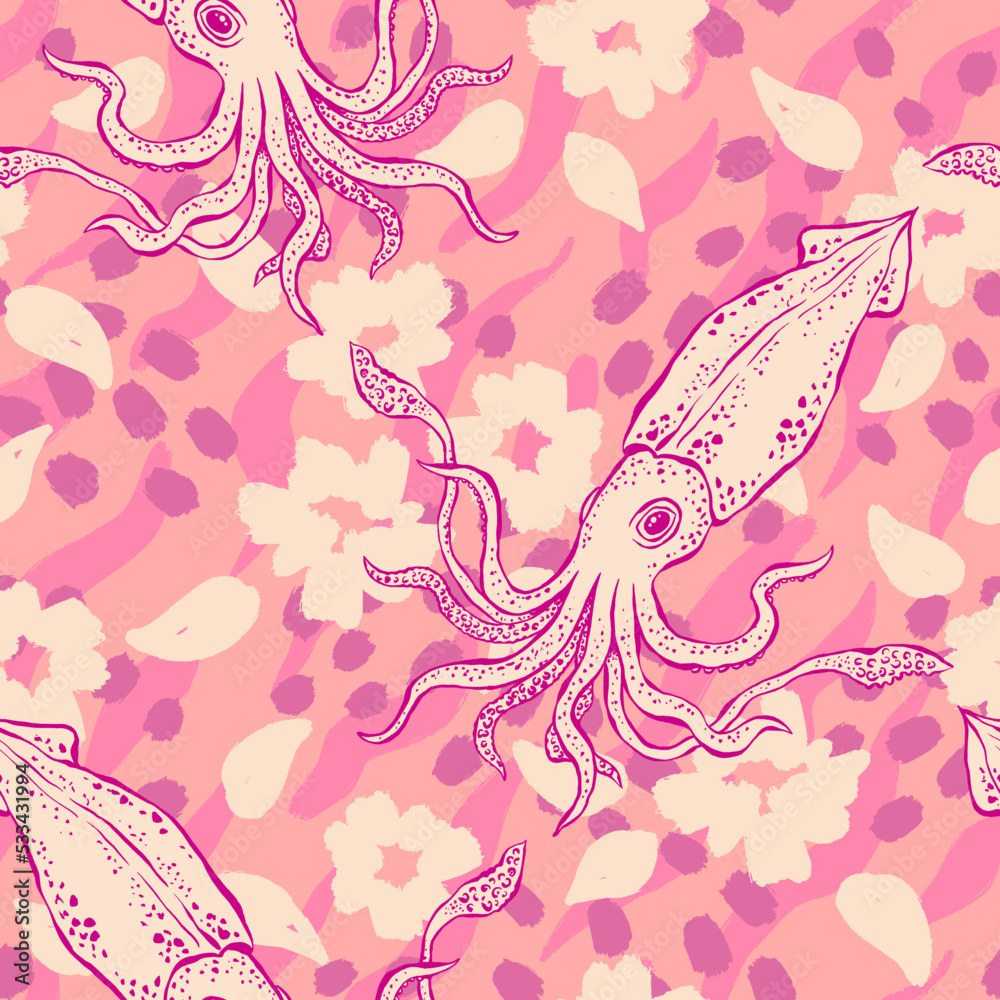 Pink seamless vector background. Beautiful cute endless pattern with squid and botanical elements. Fashion print for packing, textile, fabric.