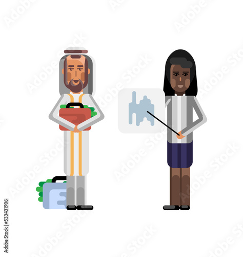African businesswoman showing financial diagram and arabic investor holding money suitcase. Corporate multicultural business people isolated vector illustration.