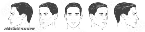 vector Set of man face portrait three different angles and turns of a male head. Close-up line sketch. Different view front, profile, three-quarter of a boy.