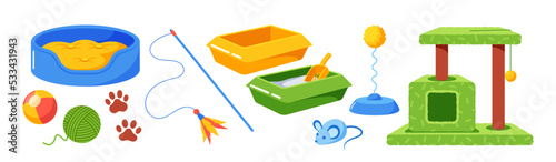 Set of Accessories for Cat Couch, Mouse and Rid with Feathers Toys, Ball, Clew. Leash with Collar, Paw Prints and Toilet