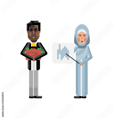 Arabic businesswoman showing financial diagram and african investor holding money suitcase. Corporate multicultural business people isolated vector illustration.