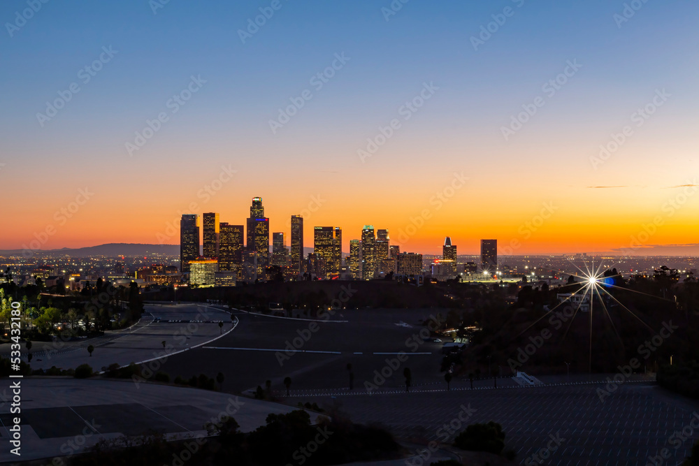 Naklejka premium Night high angle view of the Los Angeles Downtown
