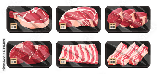 Fresh beef and pork in packaging. Sorted meat for sale. Vector illustration