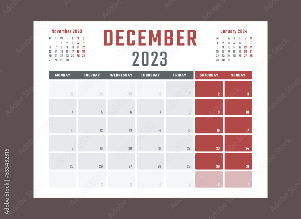 calendar for January 2023 starts monday, vector calendar design January