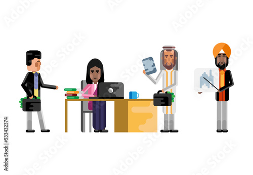 Arabic and indian business staff working in office, doing business presentation and working with documents. Corporate multicultural business people isolated vector illustration.