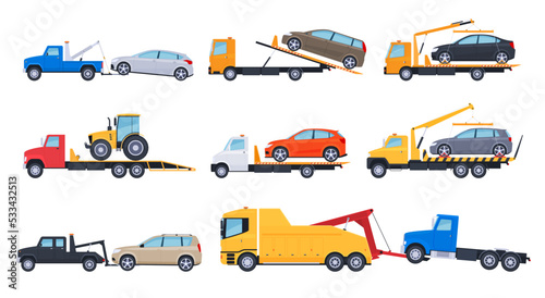 Different types of tow trucks with cars. Improper car parking and evacuation to the penalty area. Vector illustration