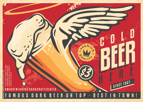 Promotional retro poster for cold beer on tap. Vintage advertisement with beer glass and angel wings. Vector decoration for pub or cafe bar.
