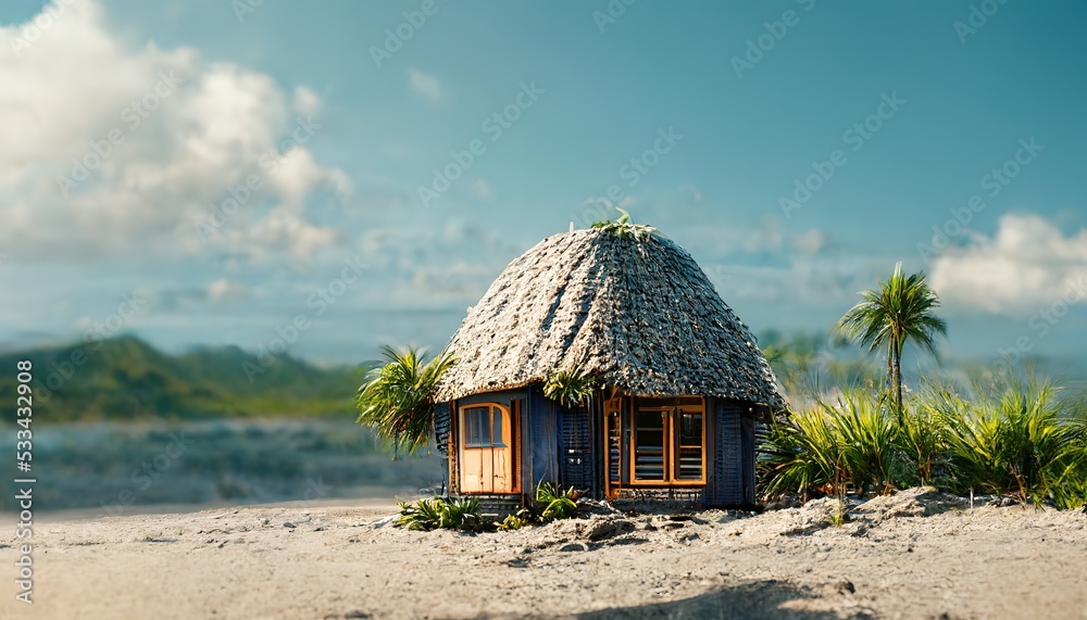 Beach house on tropical beach with palm trees and white sand under blue sky 3d illustration - obrazy, fototapety, plakaty 
