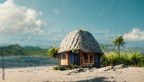 Beach house on tropical beach with palm trees and white sand under blue sky 3d illustration photo
