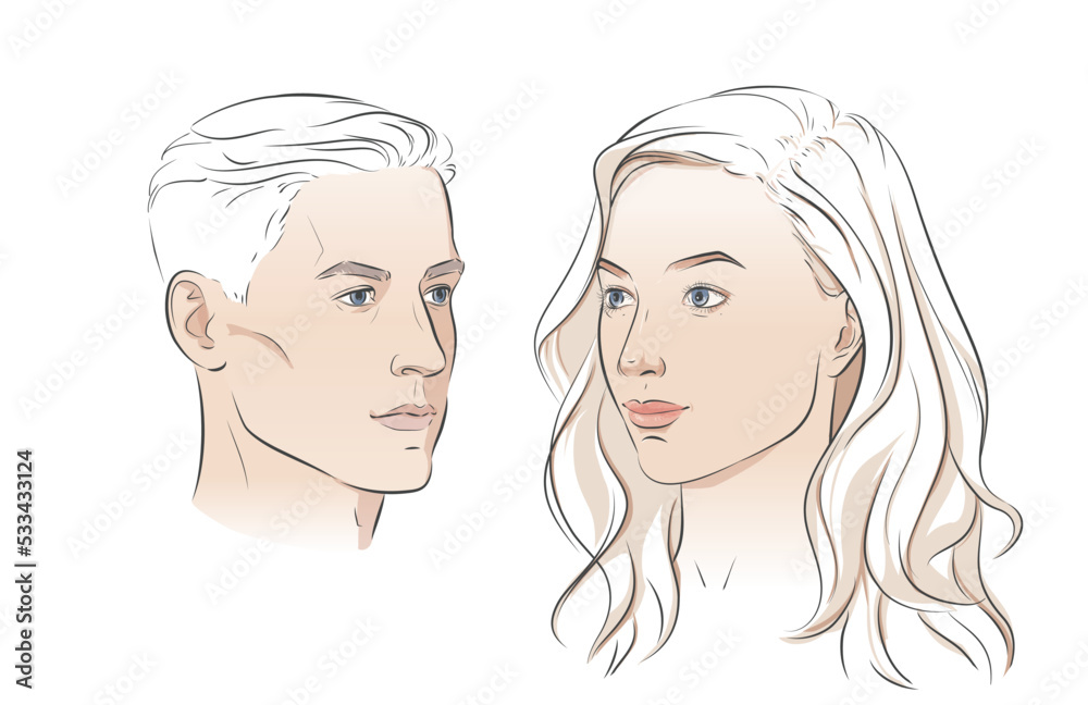 Man and woman faces. Heads face. Portrait of young beautiful girl, boy. Vector line sketch illustration.