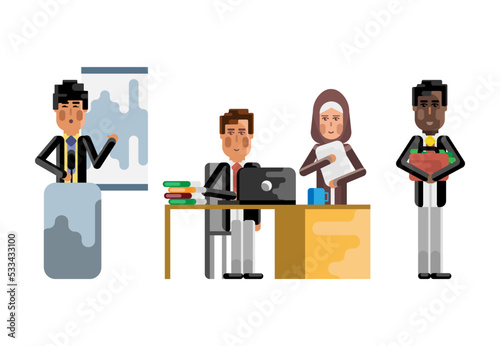 Multiethnic teamwork in office, asian speaker doing presentation, european man and arabic secretary working with documents. Corporate multicultural business people isolated vector illustration.