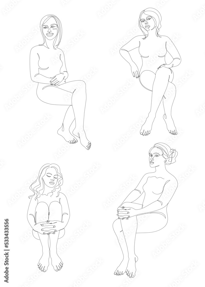 Collection. Girl silhouettes in modern single line style. Women's line art continuous line drawing, home decor aesthetic outline, posters, wall art, stickers, logo. Vector illustration set.