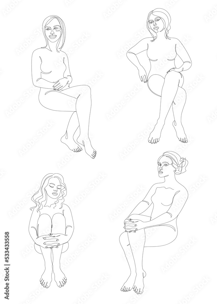 Collection. Girl silhouettes in modern single line style. Women's line art continuous line drawing, home decor aesthetic outline, posters, wall art, stickers, logo. Vector illustration set.