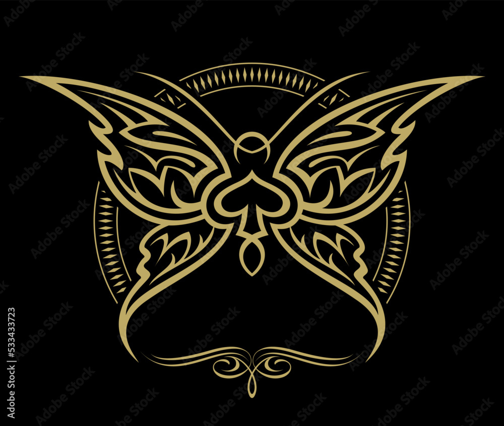 Fototapeta premium Tattoo, tribal style butterfly illustration. Tattoo style logo design concept. Isolated on black background.