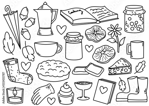 Set of objects for autumn weather and tea party. Creative set black line isolated on white background.